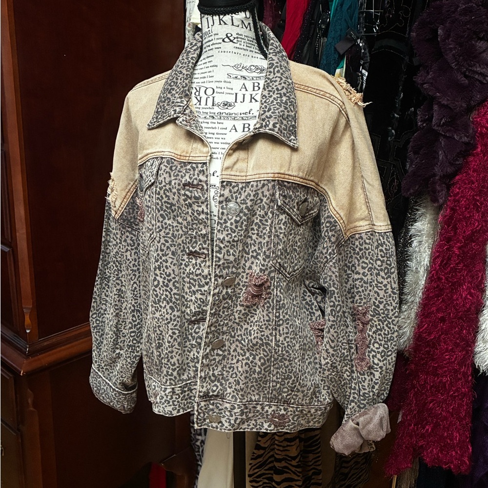 Leopard Print Distressed Jean Jacket